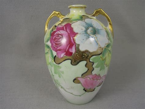 Japanese Porcelain Hand Painted Bud Vase Roses Gold 8 Tall