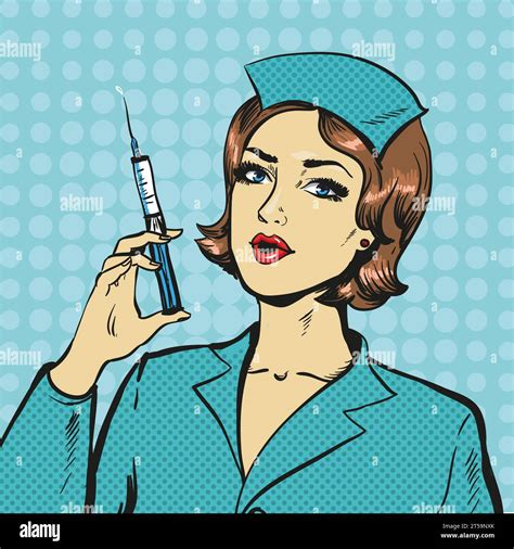 Vector Illustration Of Woman Nurse With Syringe In Retro Pop Art Comic