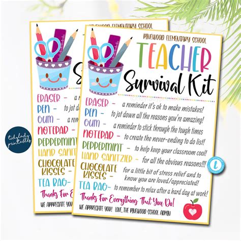 teacher survival kit printable   school teacher gift tidylady