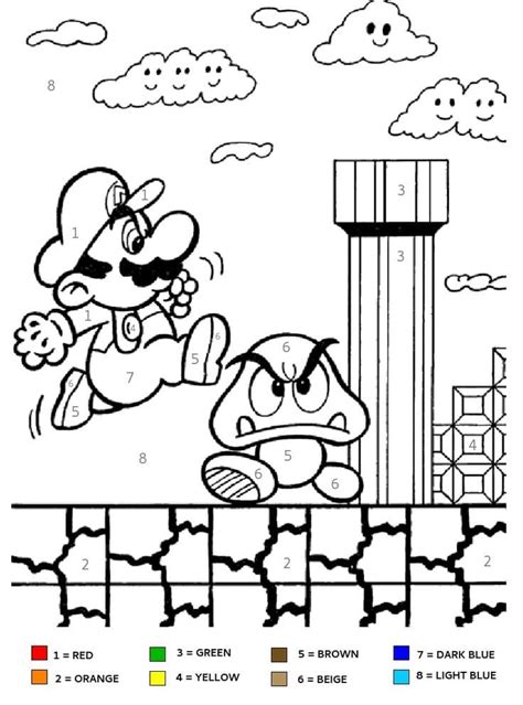 mario color  number  printable coloring pages  kids