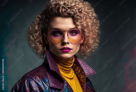 1980s vintage fashion portrait caucasian woman with retro 80 s style