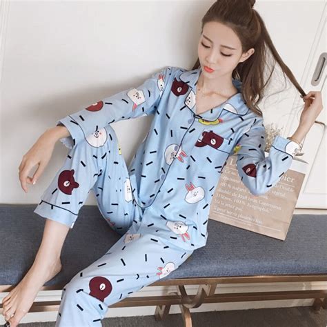 2019 new spring autumn women pajamas set spring cute winter polyester