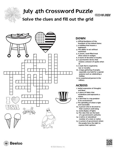 july  crossword puzzle beeloo printable crafts  kids qbrwpkg