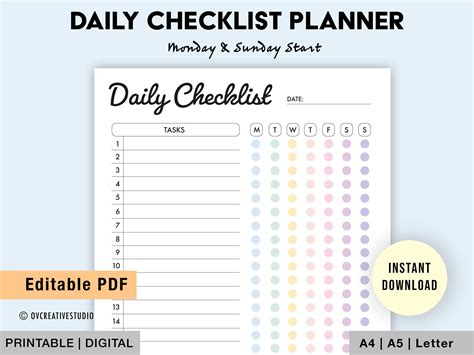 editable daily checklist printable weekly list etsy