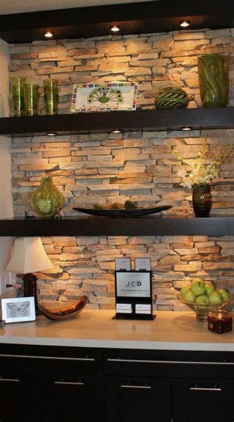 floating shelves  natural stone background stone wall design