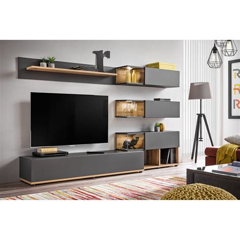 grey modern living room furniture  led lights display cabinets tv