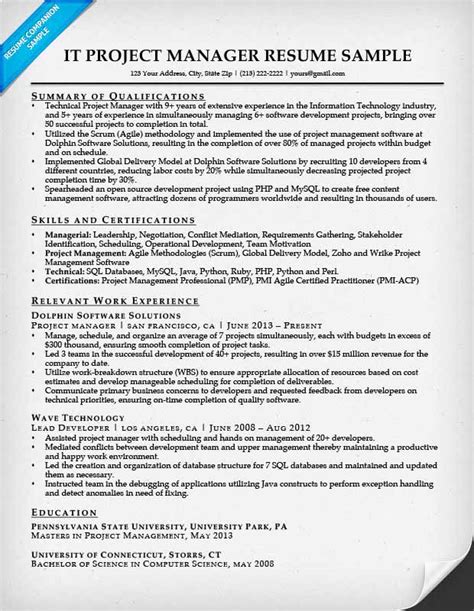 project manager resume sample writing tips resume companion