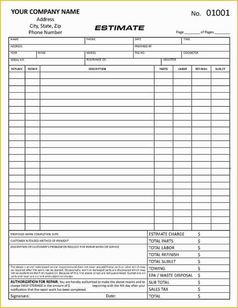 repair estimate form template   automotive repair invoice work