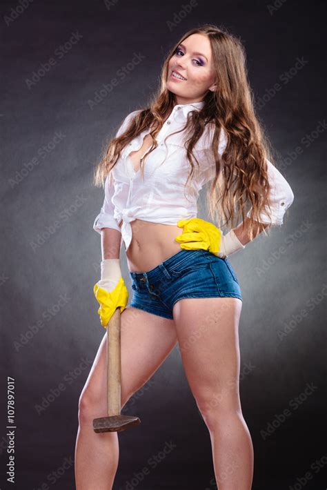 Sexy Alluring Woman Holding Hammer Feminism Foto De Stock Adobe Stock