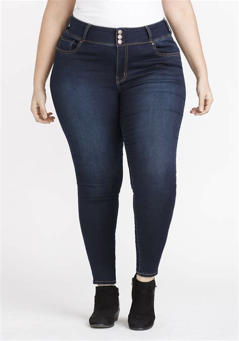 women s plus 3 button waist skinny jeans warehouse one