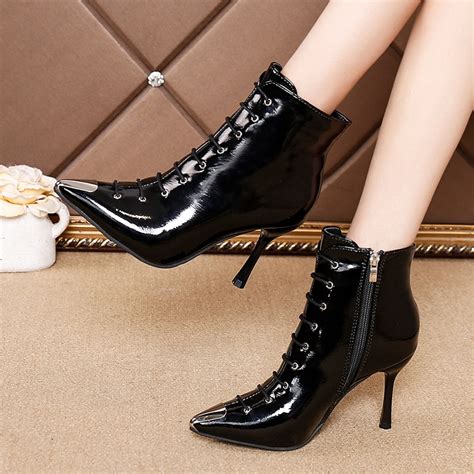 Lucyever High Heel Boots Woman Patent Leather Ankle Boots Sexy Pointed