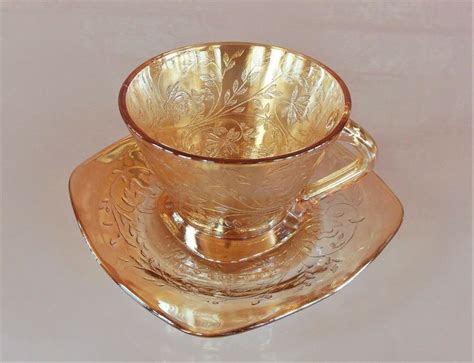 Jeannette Glass Iridescent Floragold Louisa Cup And Saucer Set Cup And
