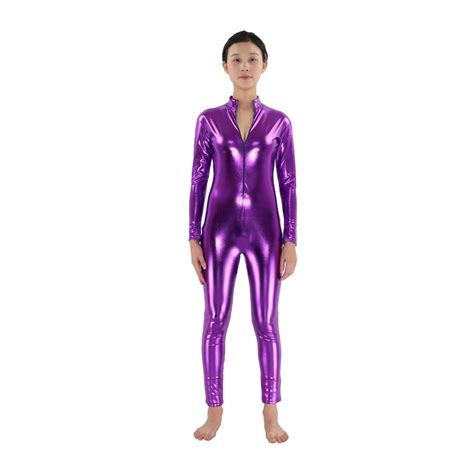 purple shiny metallic female zentai costume tight sexy body zentai suit custom