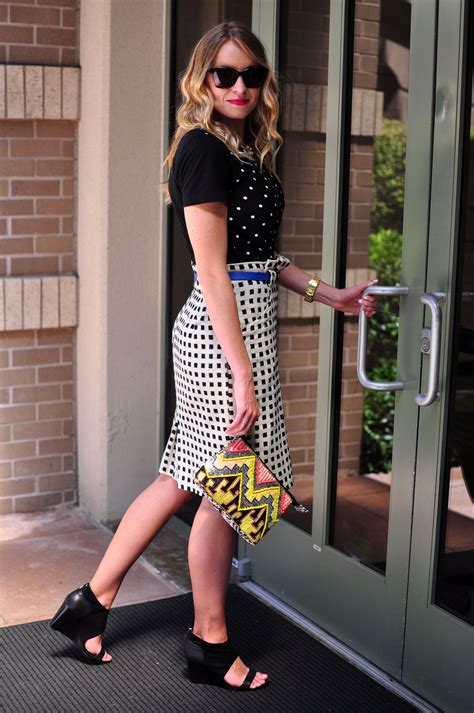 Polka Dot Tee Checkered Skirt Wedge Sandals Patterned Clutch