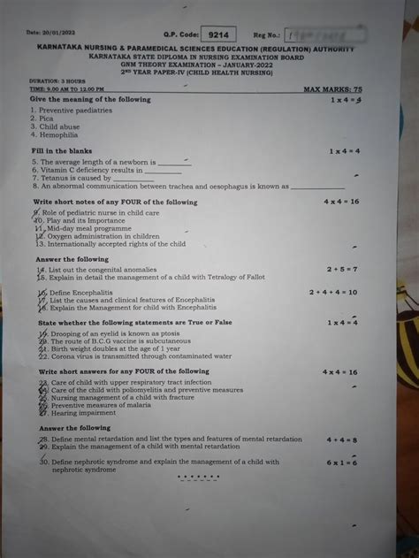 gnm  year question papers   kids health examination