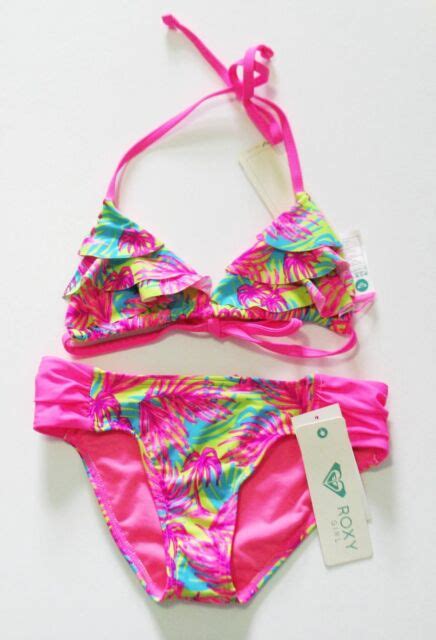 roxy girls paradise beach ruffle bikini set knockout pink sz 12 nwt