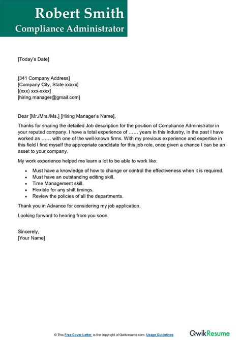 compliance administrator cover letter examples qwikresume