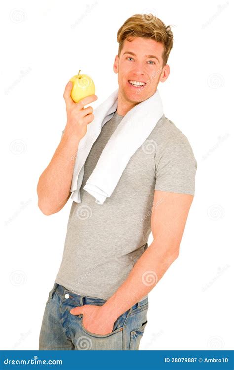 young man holding  apple stock image image  eating