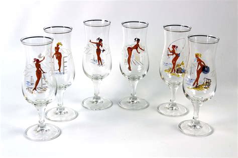 Set Of Six 50 S Pin Up Glasses Rare Vintage The