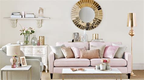 neutral living room  rose gold  pink accents  room edit