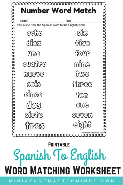 spanish  english word number matching worksheet miniature masterminds