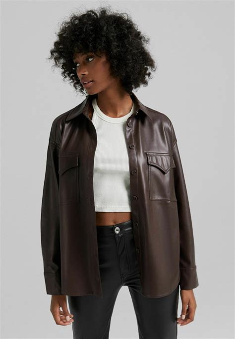 bershka oversize faux leather jacket brown zalandode