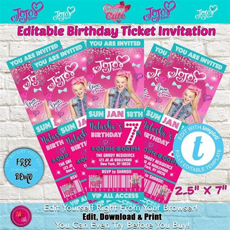 editable jojo siwa birthday party ticket invitation printable ticket