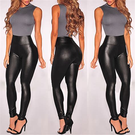 new fashion women pu leather black high waist leggings stretch skinny