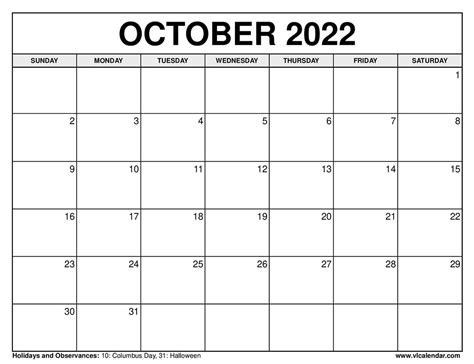 printable october  calendar templates  holidays vl calendar
