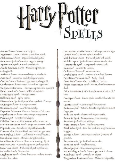 harry potter spells list printable customize  print