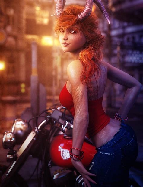 Cute Redhead Devil Girl And Motorcycle Pin Up Art By