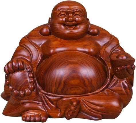 hand carved feng shui natural red wood hotei happy buddha holding ingot
