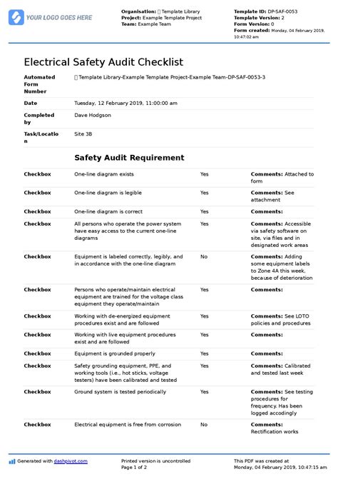 Electrical Safety Audit Checklist Free And Customisable