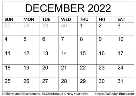 december  calendar  holidays