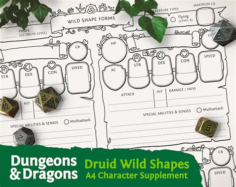dnd 5e druid wild shapes character sheet pdf for dungeons and etsy