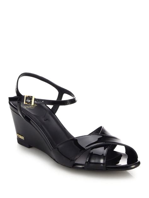 Fendi Patent Leather Wedge Sandals In Black Lyst