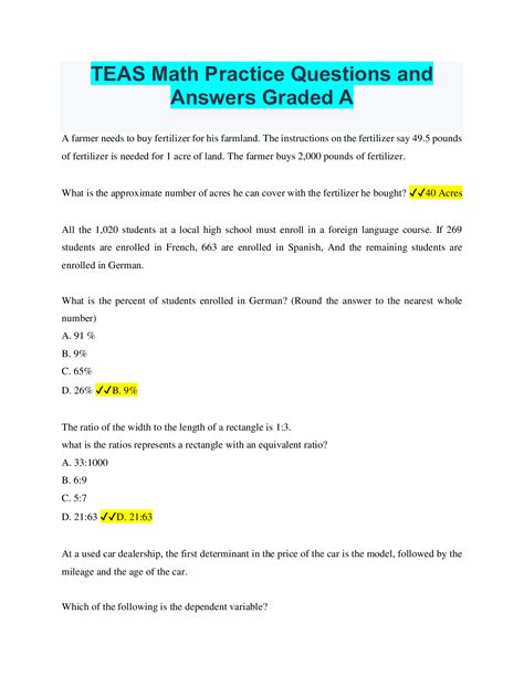 teas math practice questions  answers graded  browsegrades