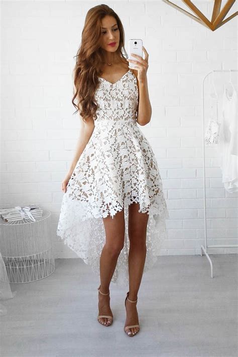 Hualong Strap V Neck Sleeveless White Lace Dress Online Store For