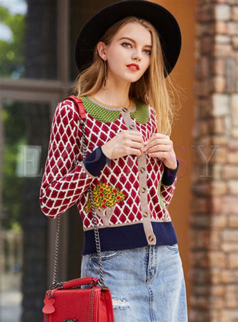 tops sweaters cute plaid splicing long sleeve knitted sweater