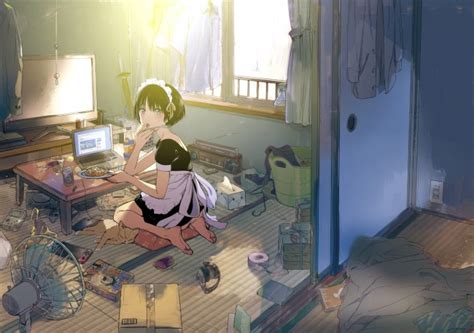 wallpaper anime girl apron room notebook short hair wallpapermaiden
