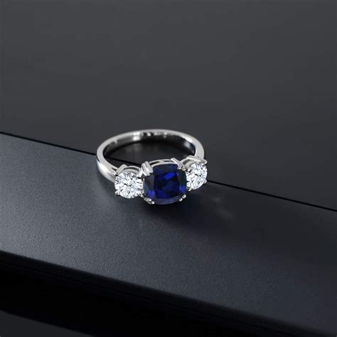 Simulated Blue Sapphire 3 Stone Ring With Cubic Zirconia 925 Sterling