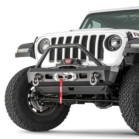 warn jeep wrangler  elite series stubby black front winch hd bumper  hoop