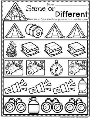 preschool worksheets sorting    camping theme