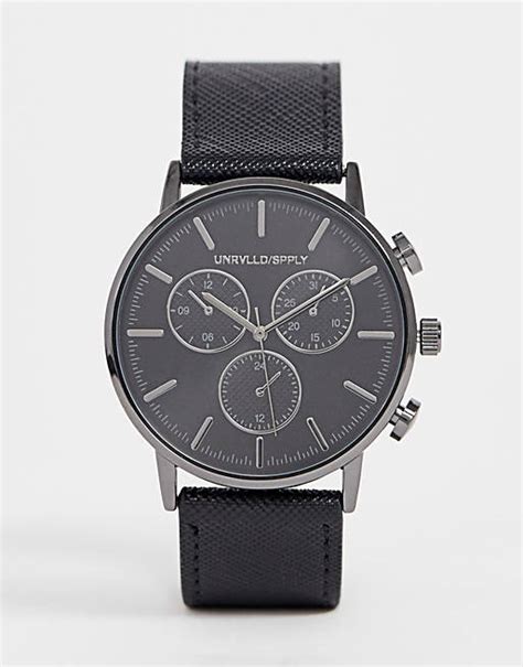 asos design montre classique avec sous cadrans bronze  bracelet saffiano noir asos