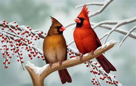 animal cardinal northern cardinal bird winter couple woman man