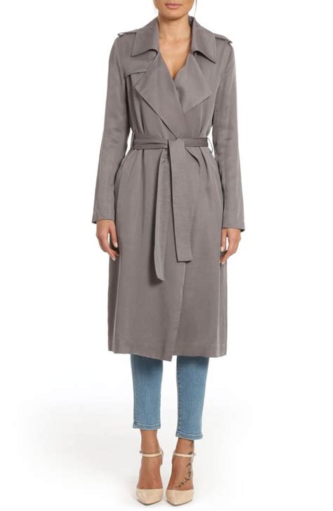 Badgley Mischka Faux Leather Trim Long Trench Coat Long