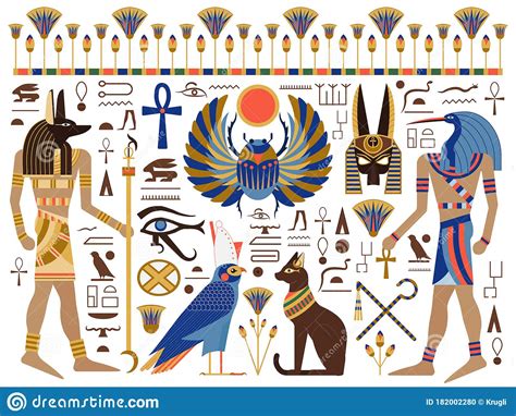 Flat Ancient Egyptian Symbols And Gods Set Stock Vector