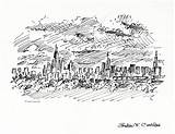 Pen Drawing Skyline Chicago Sunset Ink Leave sketch template