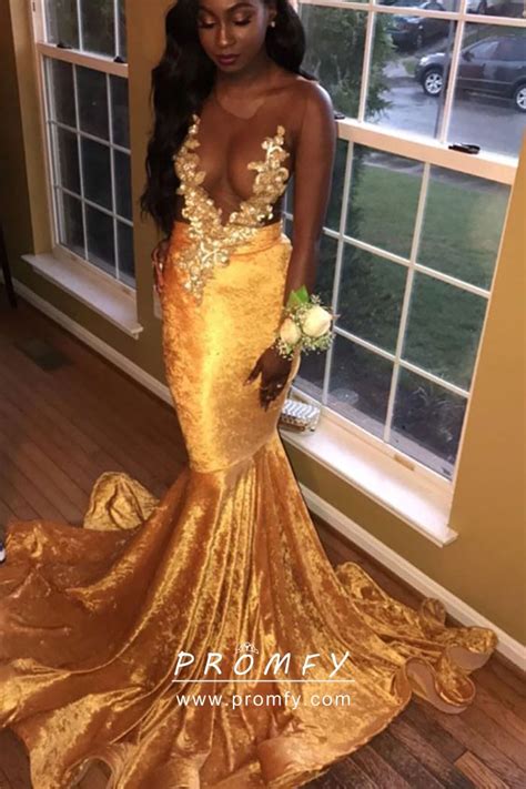 Unique Shiny Gold Velvet And Lace Sexy Flounced Mermaid Prom Gown
