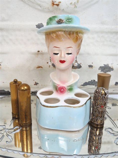 lady head lipstick holder 1950s ceramic woman pearl earrings hard